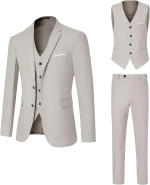 Men's Suit 3 Piece Slim Fit Suit Set, Two Button Solid Jacket Vest Pants with Tie, Men Tuxedo Suit Set