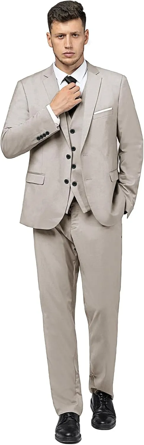 Men's Suit 3 Piece Slim Fit Suit Set, Two Button Solid Jacket Vest Pants with Tie, Men Tuxedo Suit Set
