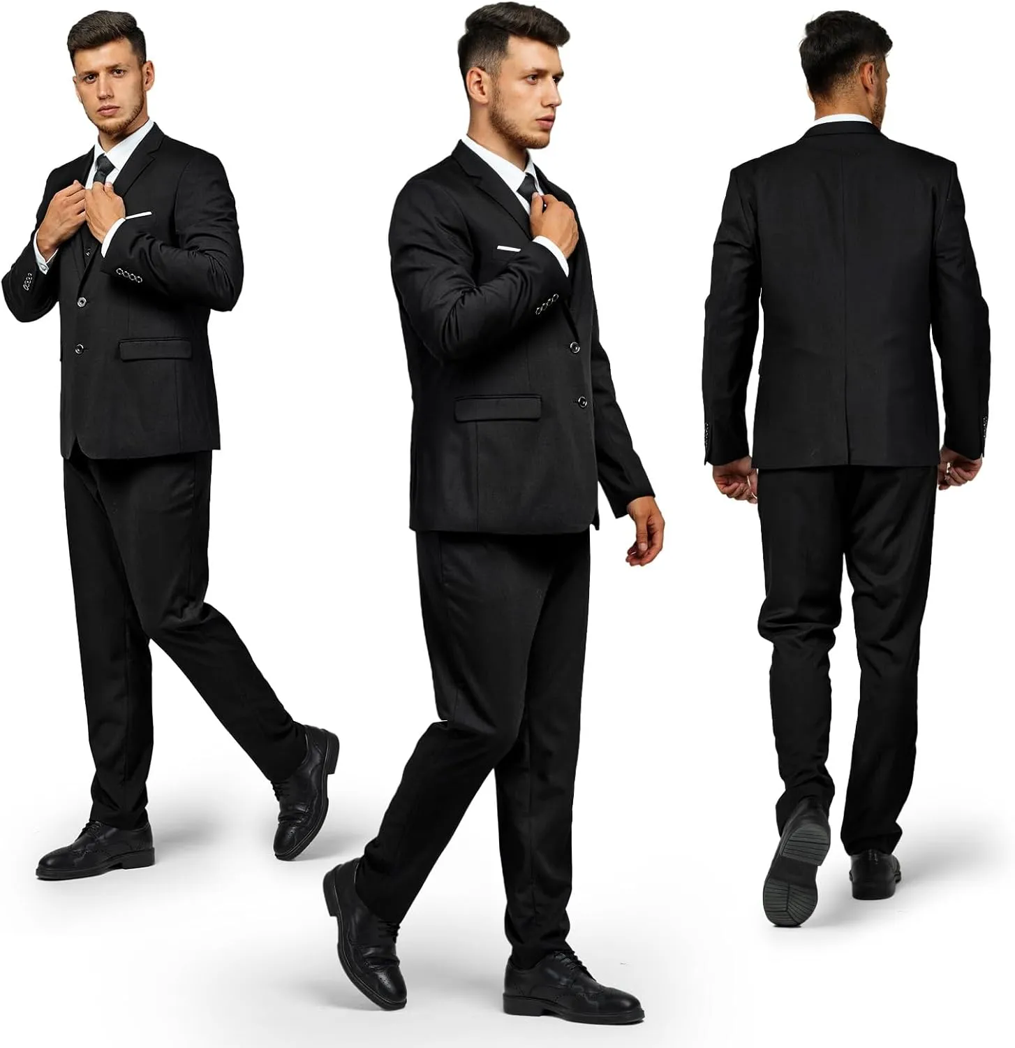 Men's Suit 3 Piece Slim Fit Suit Set, Two Button Solid Jacket Vest Pants with Tie, Men Tuxedo Suit Set