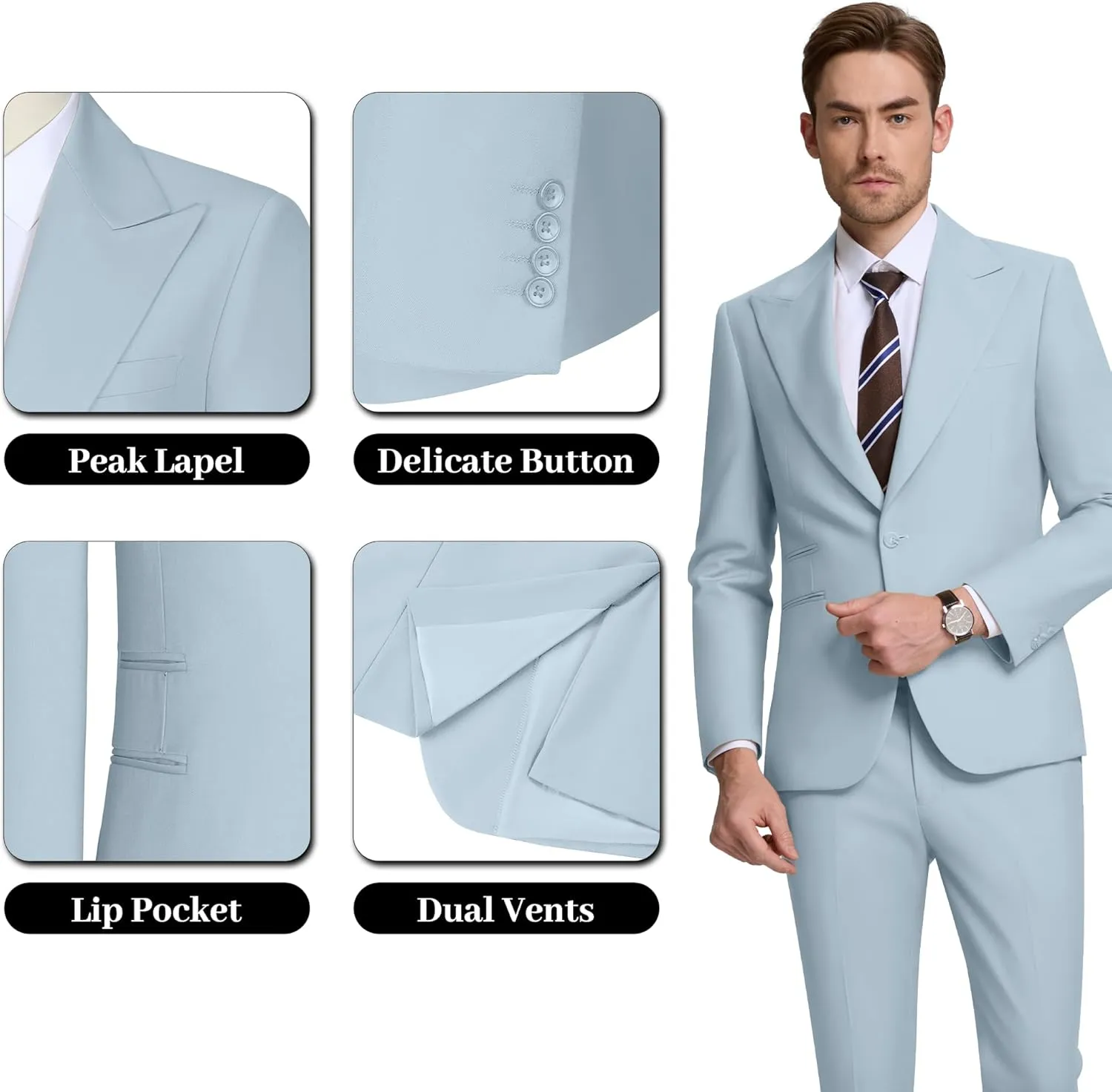 Men's Suits Slim Fit 2 Piece Suit One Button Peak Lapel Solid Suit Jacket Pant Set Tuxedo for Wedding Business Party