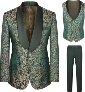 Men's Tuxedo Suits 3 Piece Wedding Prom Suits Embroidered Paisley Blazer Jacket Vest Pants Set for Party,Dinner
