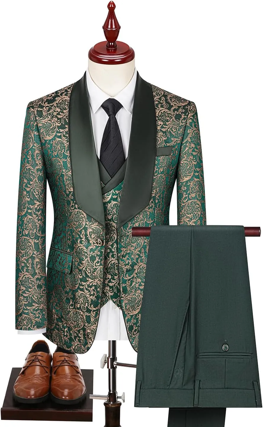 Men's Tuxedo Suits 3 Piece Wedding Prom Suits Embroidered Paisley Blazer Jacket Vest Pants Set for Party,Dinner