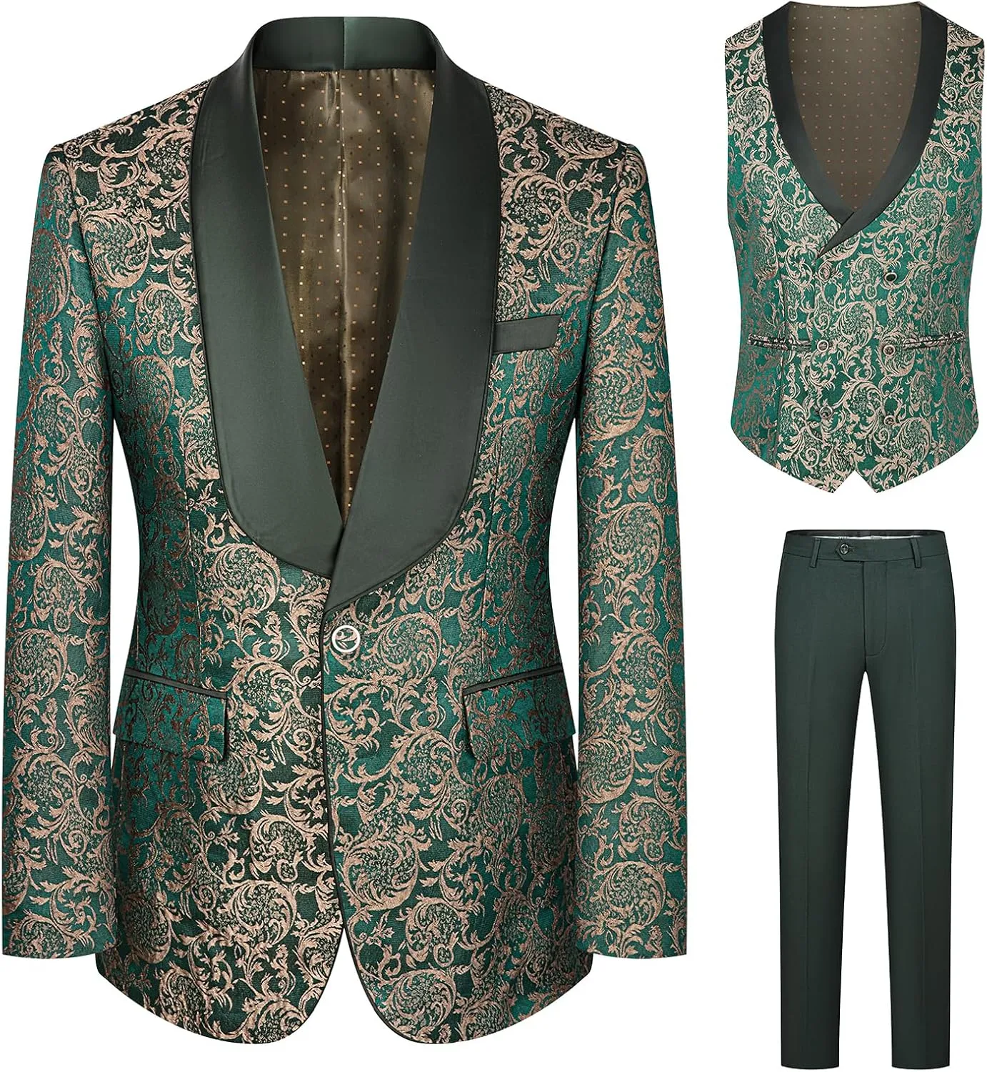 Men's Tuxedo Suits 3 Piece Wedding Prom Suits Embroidered Paisley Blazer Jacket Vest Pants Set for Party,Dinner