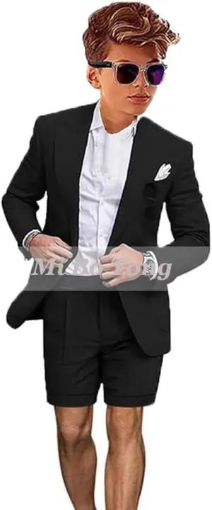 Mi Bo Tong Boys Linen Summer Suit 2 PC Blazer and Shorts Set Beach Wedding Tuxedos for Kids Boys Ring Bearer Outfit