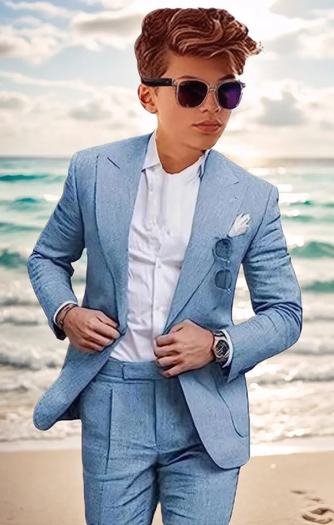Mi Bo Tong Boys Linen Summer Suit 2 PC Blazer and Shorts Set Beach Wedding Tuxedos for Kids Boys Ring Bearer Outfit