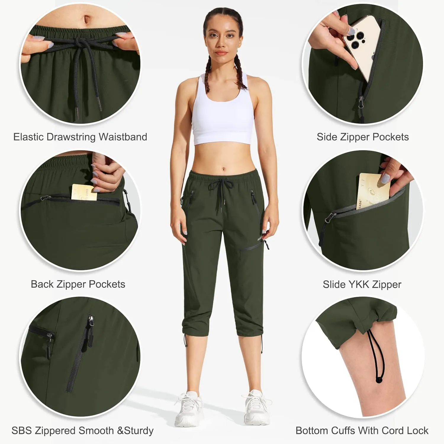 MOCOLY Women's Cargo Hiking Pants Elastic Waist Quick Dry Lightweight Outdoor Water Resistant UPF 50  Long Pants Zipper