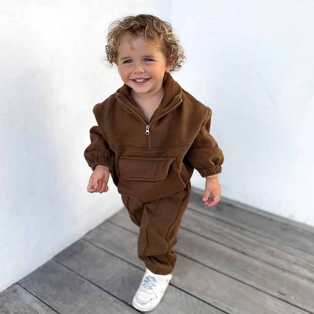 MYGBCPJS Boys Girls 2Pcs Thick Fleece Zipper Sweatsuit Kids Long Sleeve Pullover Sweatshirt No Hood   Pants Outfits Set