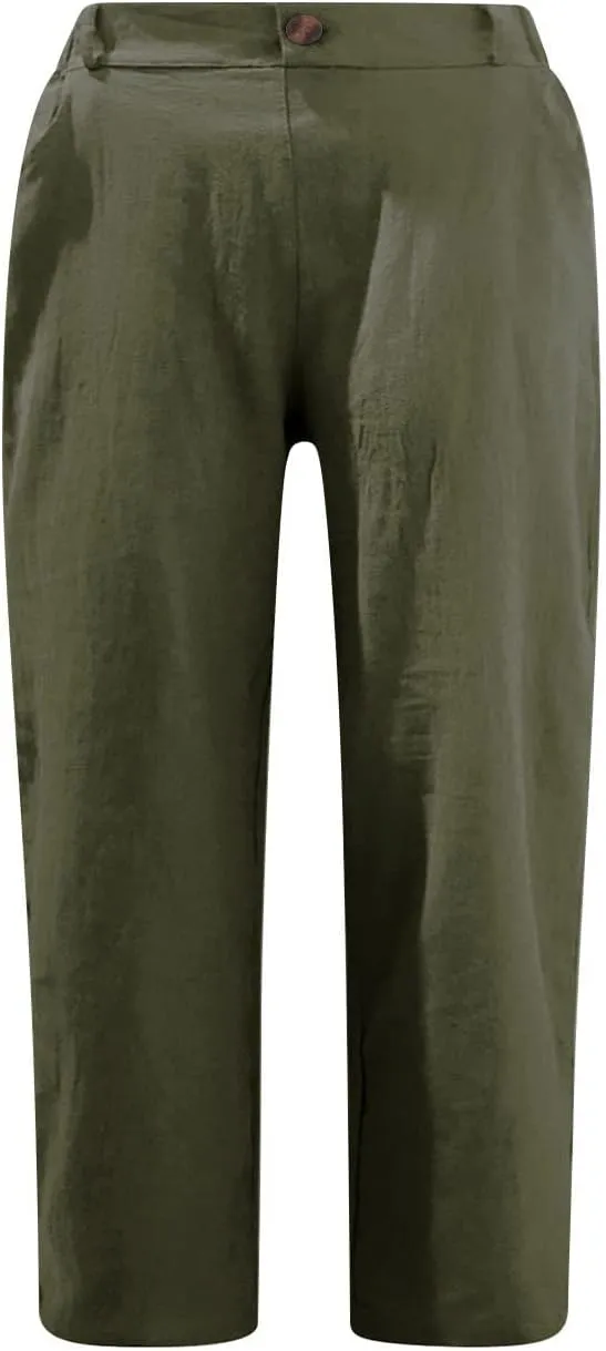 NATHGAM Linen Pants for Women Summer Casual Elastic High Waist Button Capris Pant Straight Wide Leg Cropped Trousers Pockets