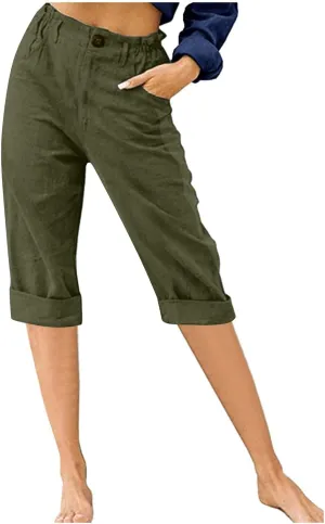NATHGAM Linen Pants for Women Summer Casual Elastic High Waist Button Capris Pant Straight Wide Leg Cropped Trousers Pockets