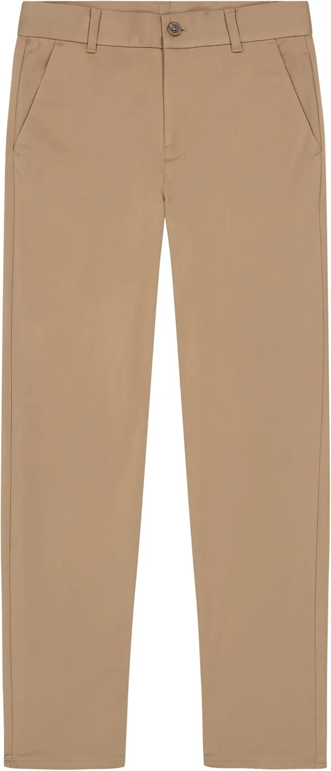 Nautica Boys School Uniform Twill Khaki Pants, Flat Front & Elasticized Waistband, Zipper Closure With Faux Button