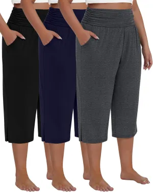 Neer 3 Pack Women's Plus Size Cotton Capri Pants High Waisted Wide Leg Loose Lounge Yoga Cropped Sweatpants with Pockets