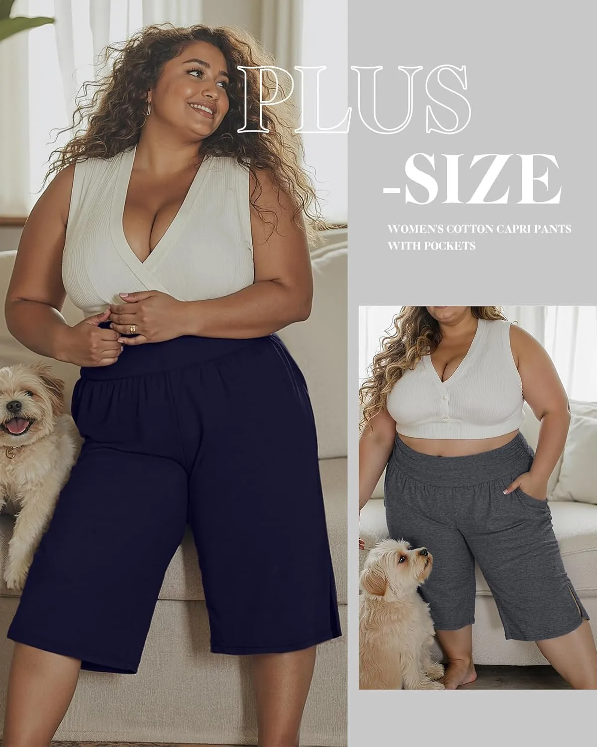 Neer 3 Pack Women's Plus Size Cotton Capri Pants High Waisted Wide Leg Loose Lounge Yoga Cropped Sweatpants with Pockets