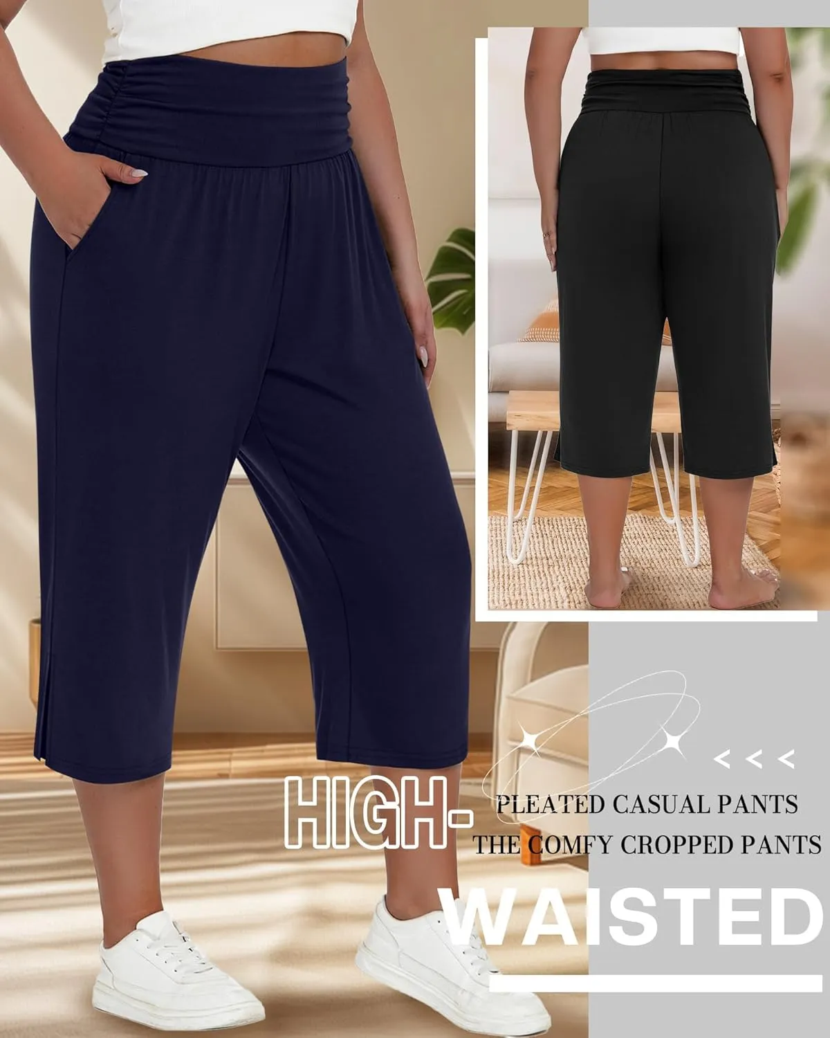 Neer 3 Pack Women's Plus Size Cotton Capri Pants High Waisted Wide Leg Loose Lounge Yoga Cropped Sweatpants with Pockets