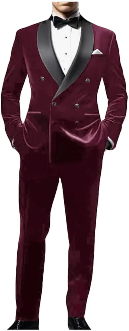 ORBITRAY Men's Velvet Suit 2025 Double Breasted Peaked Lapel Slim Fit Prom Suits for Men