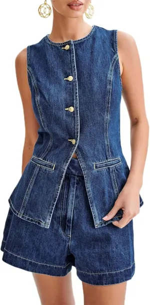 Owl's-Yard Women's Long Denim Waistcoat Y2k Sleeveless Button Down Back Slit Slim Vest Tops Oversized Jean Jacket Street