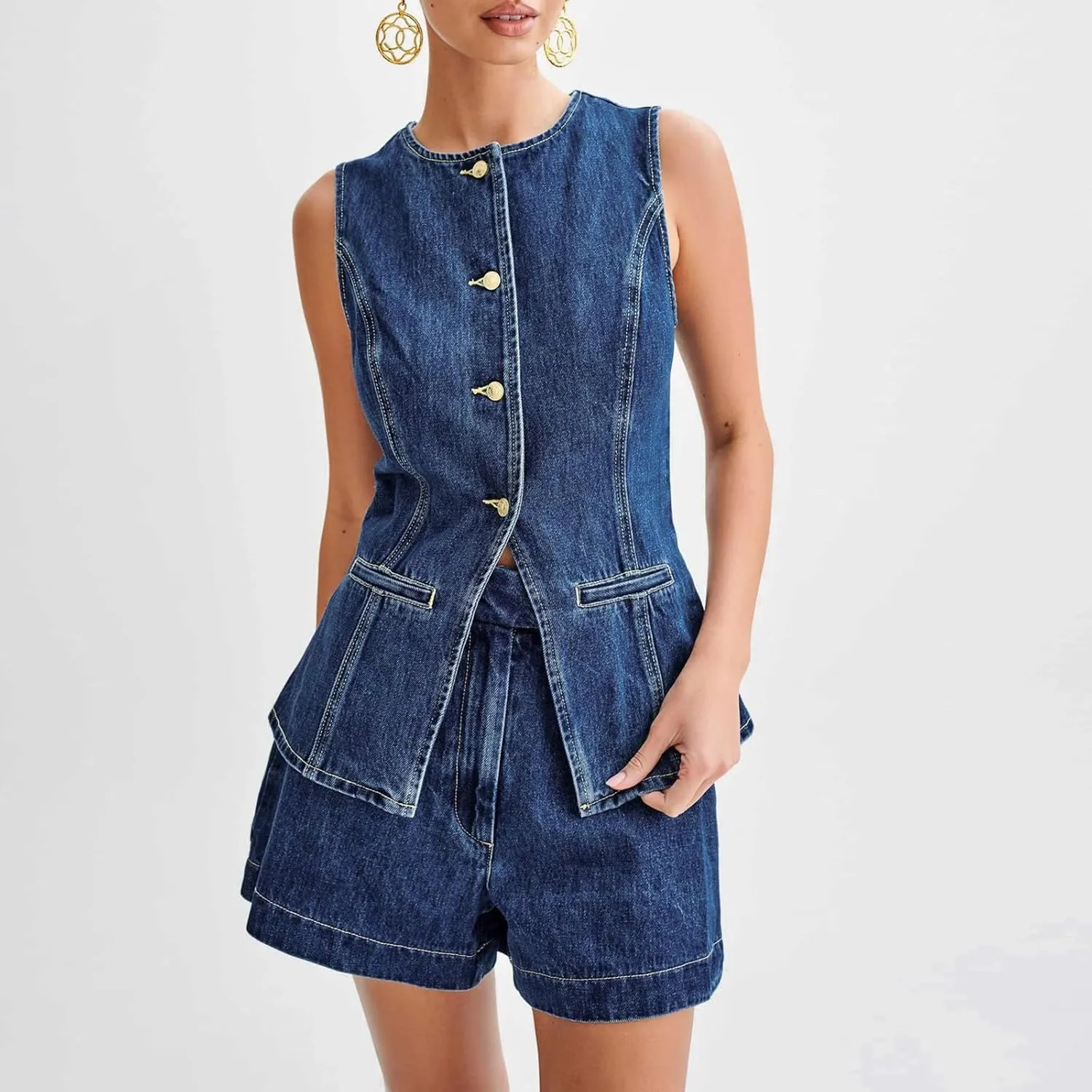 Owl's-Yard Women's Long Denim Waistcoat Y2k Sleeveless Button Down Back Slit Slim Vest Tops Oversized Jean Jacket Street