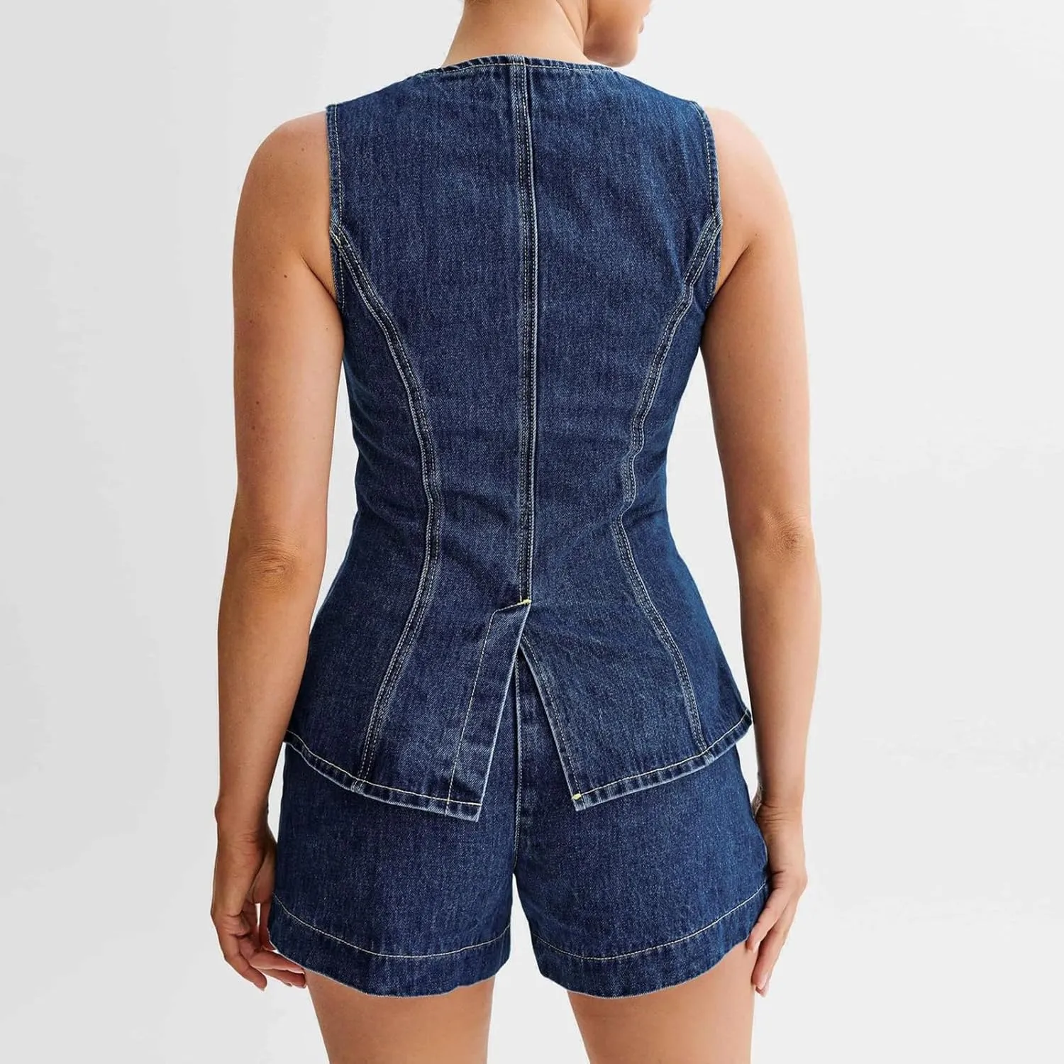 Owl's-Yard Women's Long Denim Waistcoat Y2k Sleeveless Button Down Back Slit Slim Vest Tops Oversized Jean Jacket Street