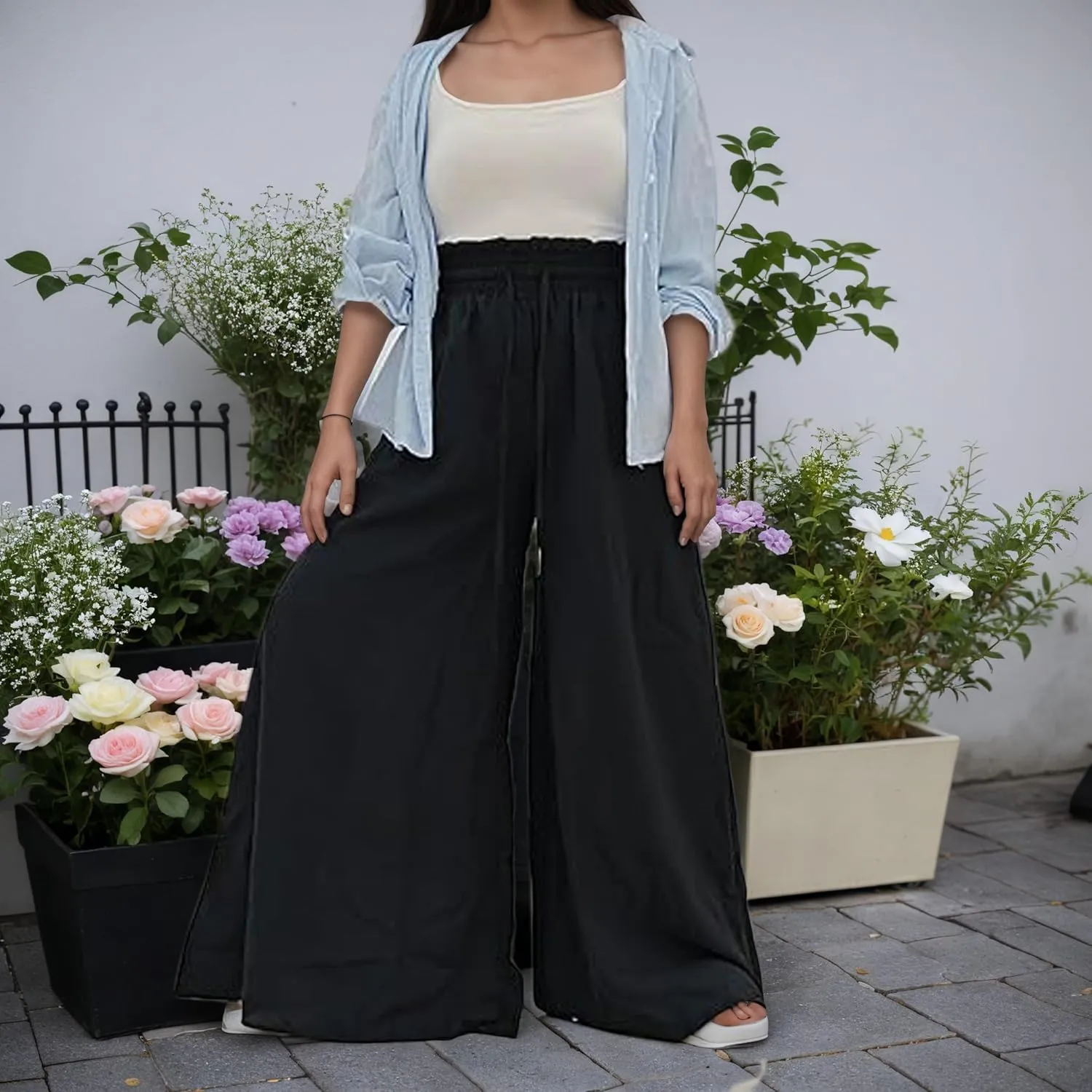Pants for Women Casual Elastic High Waist Flowy Wide Leg Pants with Pockets