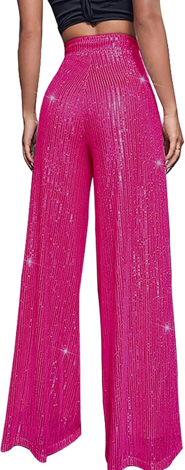 Pants for Women Womens High Waist Casual Loose Sparkle Sequin Shiny Wide Leg Flare Palazzo Pants Trousers