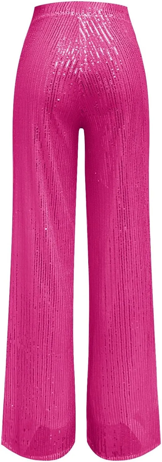 Pants for Women Womens High Waist Casual Loose Sparkle Sequin Shiny Wide Leg Flare Palazzo Pants Trousers