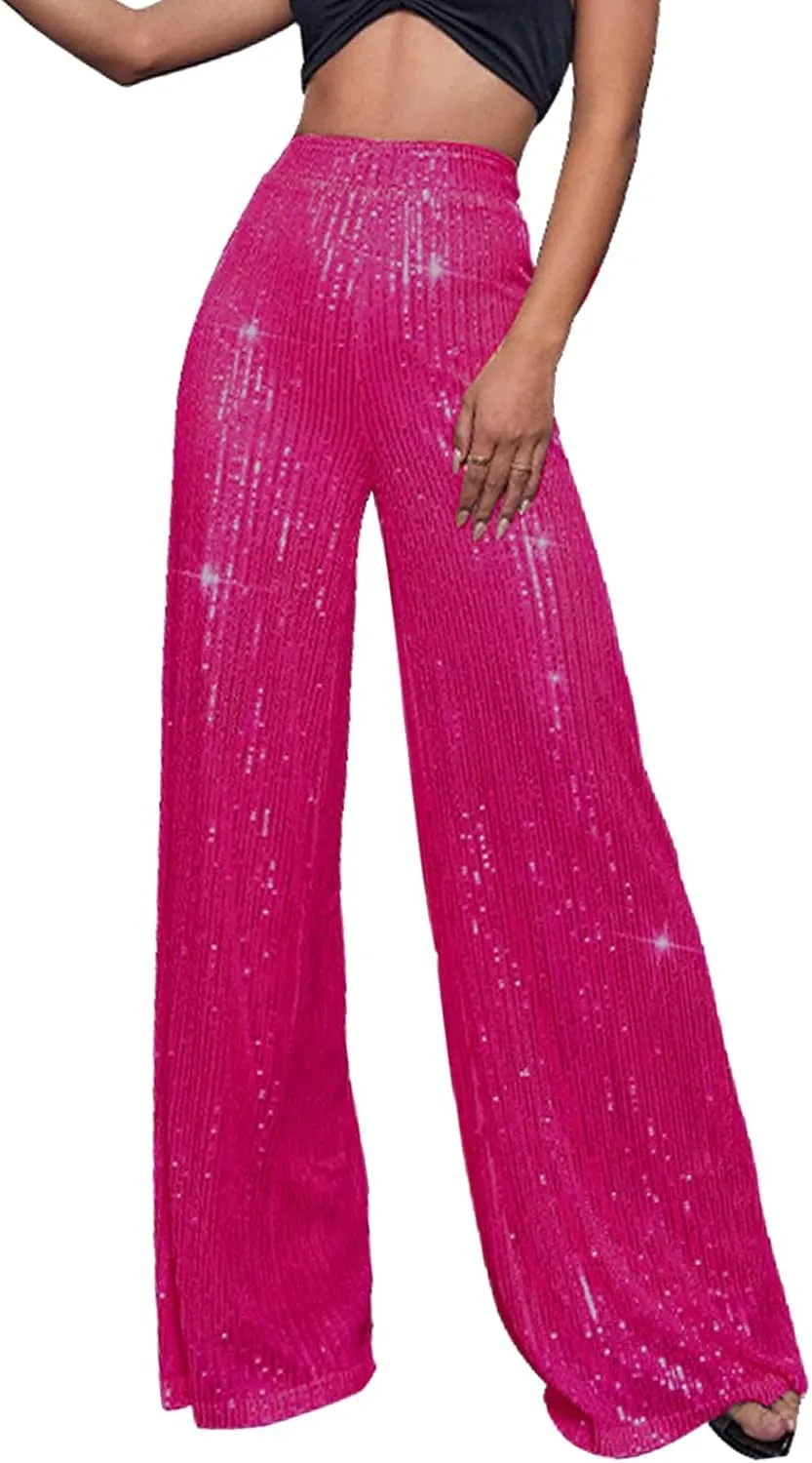 Pants for Women Womens High Waist Casual Loose Sparkle Sequin Shiny Wide Leg Flare Palazzo Pants Trousers