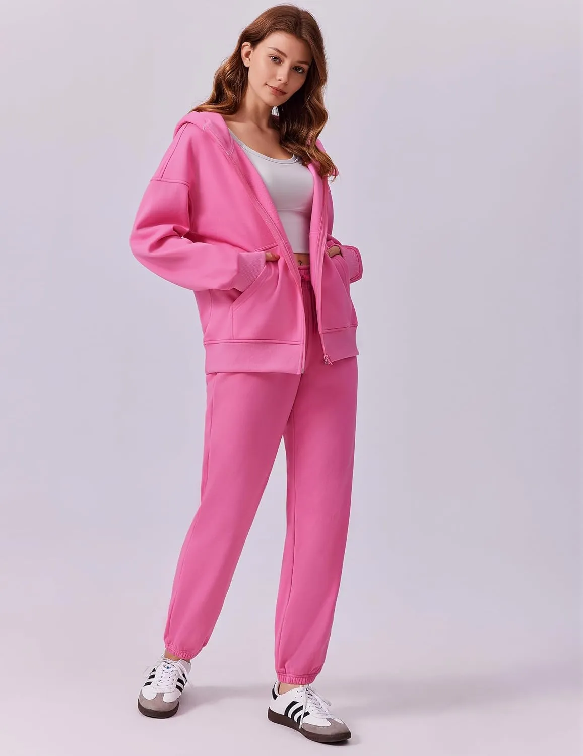 PINSPARK 2 Piece Sets for Women Fleece Sweatsuits Zip Up Hoodie Sweatshirts Drawstring Jogger Sweatpants With Pockets 2024