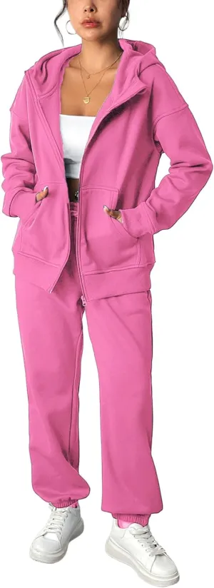 PINSPARK 2 Piece Sets for Women Fleece Sweatsuits Zip Up Hoodie Sweatshirts Drawstring Jogger Sweatpants With Pockets 2024