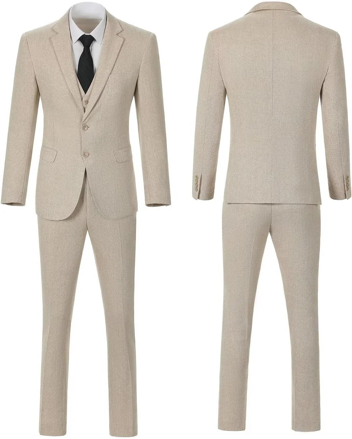 Retro 3 Piece Suit Tweed Herringbone Men's Suits Slim Fit Groom Tuxedos Set Prom Brown Grey Jacket Blazer Vest Pants