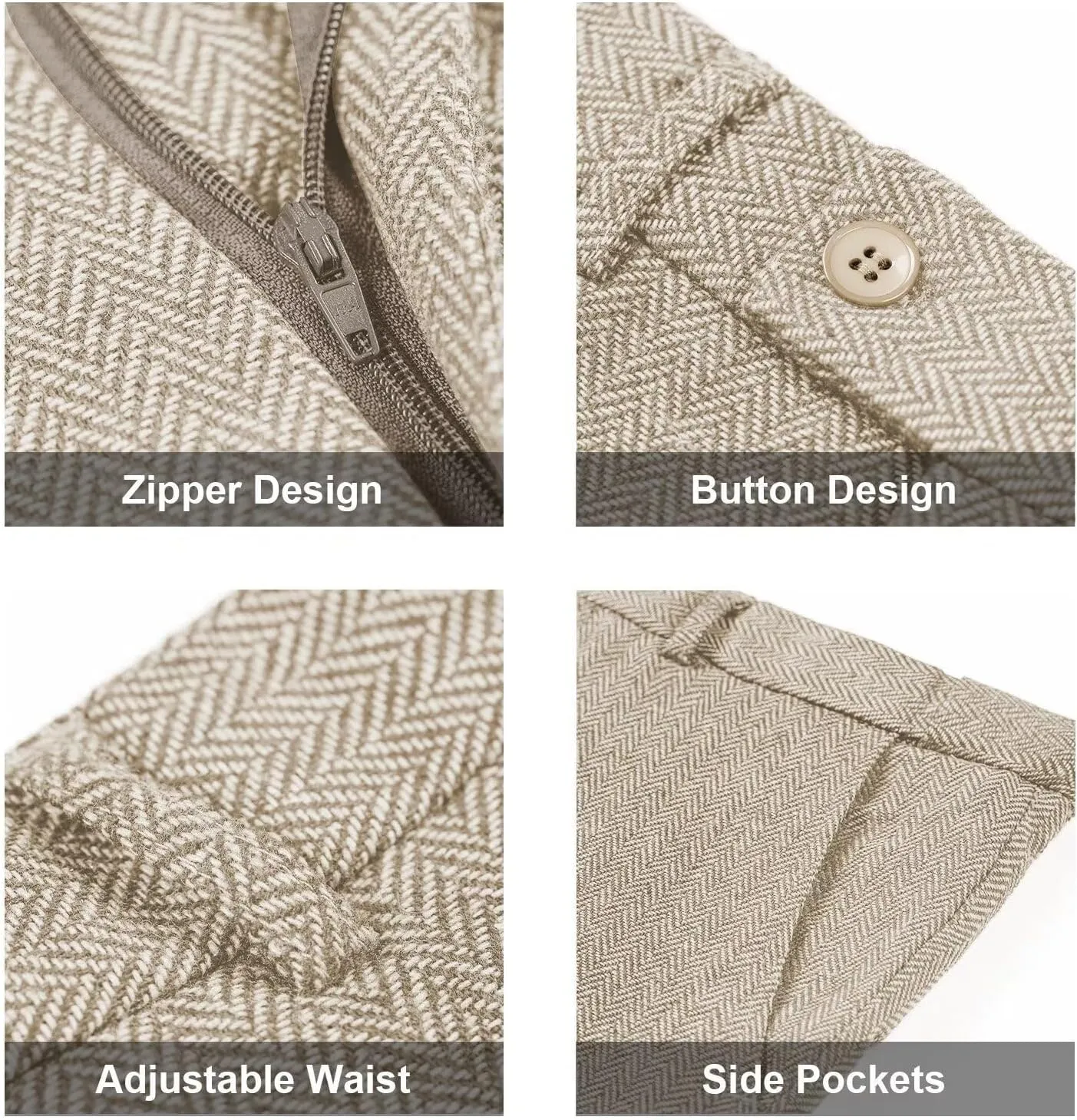 Retro 3 Piece Suit Tweed Herringbone Men's Suits Slim Fit Groom Tuxedos Set Prom Brown Grey Jacket Blazer Vest Pants