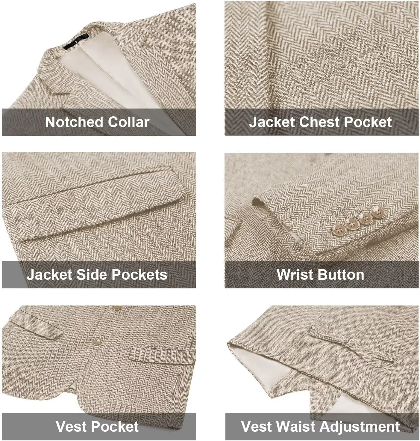 Retro 3 Piece Suit Tweed Herringbone Men's Suits Slim Fit Groom Tuxedos Set Prom Brown Grey Jacket Blazer Vest Pants