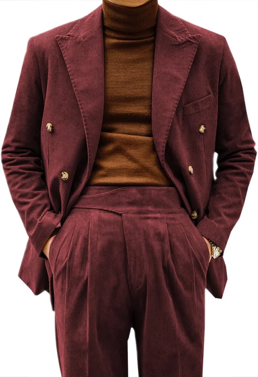 Retro Mens Suits 2 Piece Corduroy Regular Fit Casual Dress Suit Blazer Pants Set for Wedding Prom