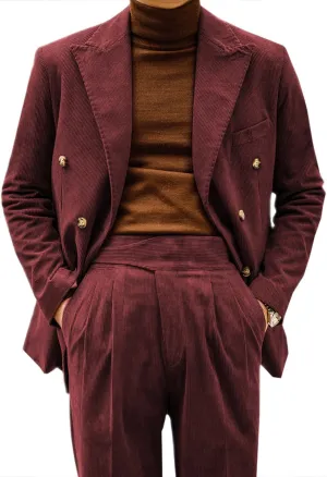 Retro Mens Suits 2 Piece Corduroy Regular Fit Casual Dress Suit Blazer Pants Set for Wedding Prom