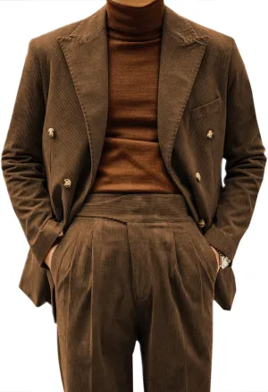 Retro Mens Suits 2 Piece Corduroy Regular Fit Casual Dress Suit Blazer Pants Set for Wedding Prom