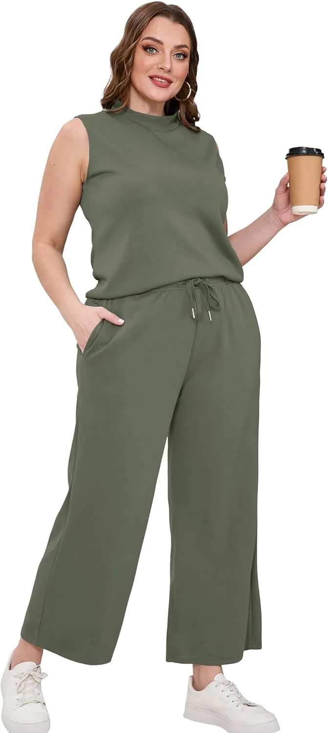 SAMPEEL Two Piece Sets for Women Summer Outfits Lounge Sets Mock Neck Tops Wide Leg Crop Pants Vacation Travel Outfits