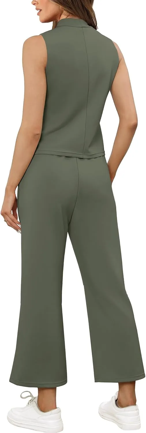SAMPEEL Two Piece Sets for Women Summer Outfits Lounge Sets Mock Neck Tops Wide Leg Crop Pants Vacation Travel Outfits