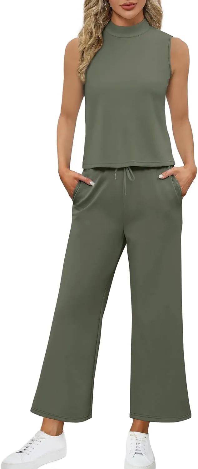 SAMPEEL Two Piece Sets for Women Summer Outfits Lounge Sets Mock Neck Tops Wide Leg Crop Pants Vacation Travel Outfits