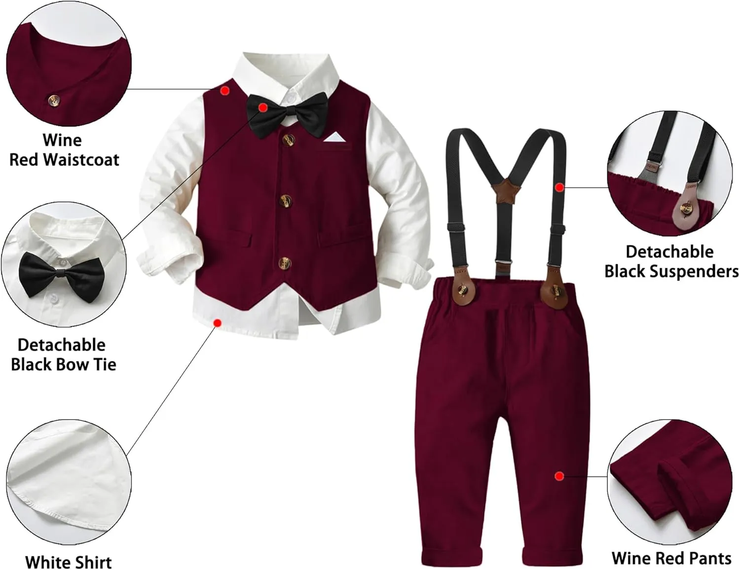 SANGTREE Boys' Formal Suits Sets Gentleman Outfits, Vest   Suspender Pants   Shirt   Bow Tie & Scarf, 3 Months - 14 Years