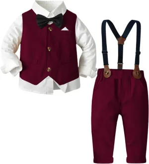 SANGTREE Boys' Formal Suits Sets Gentleman Outfits, Vest   Suspender Pants   Shirt   Bow Tie & Scarf, 3 Months - 14 Years