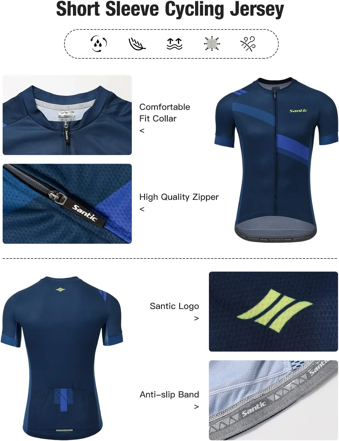 Santic Men's Cycling Jersey Shorts Sleeve Tops Pro Road Bike Bicycle Shirt Full Zip UPF 50  MTB Jersey with Pockets