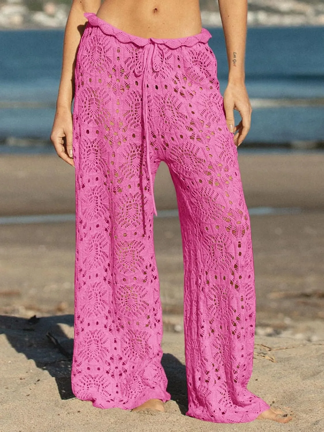 Saodimallsu Womens Crochet Swimsuit Coverup Pants High Waisted Drawstring Sexy Sheer Mesh Knit Wide Leg Beach Pants