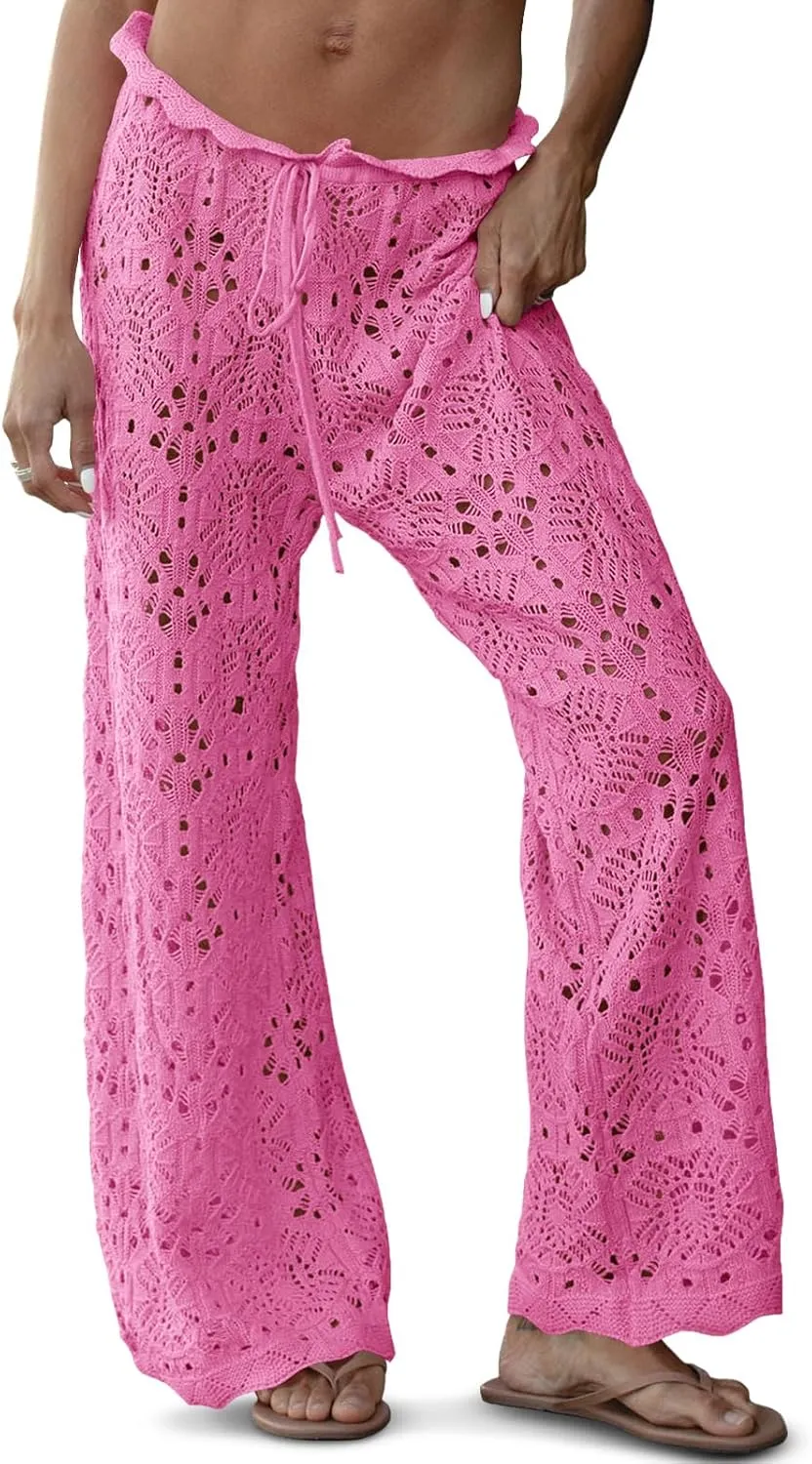 Saodimallsu Womens Crochet Swimsuit Coverup Pants High Waisted Drawstring Sexy Sheer Mesh Knit Wide Leg Beach Pants