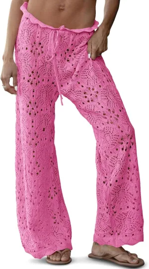 Saodimallsu Womens Crochet Swimsuit Coverup Pants High Waisted Drawstring Sexy Sheer Mesh Knit Wide Leg Beach Pants