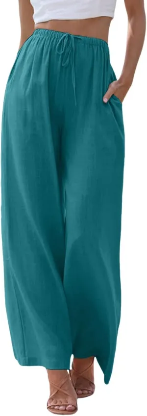 sdbrld Pantalones De Lino De Las Mujeres Linen Wide Leg Pants for Women Shorts Linen Pants Women Summer,Womens Linen Pants with Pockets High Waist Adjustable Knot Casual Trousers (Z41-Sky Blue, L)