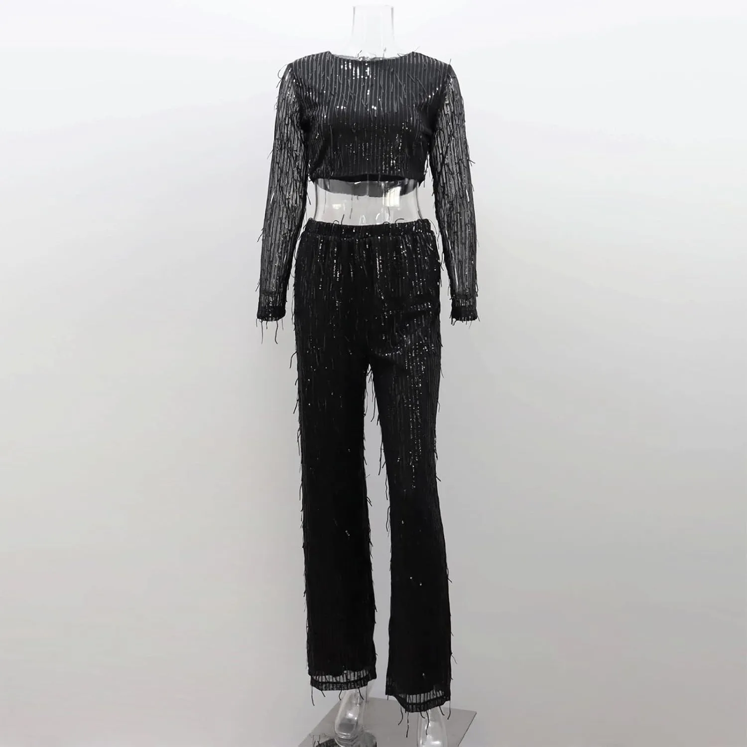 Sequin Two Piece Set for Women Long Sleeve Crop Top Sparkly Sequin Pants Party Fringe Sparkle Outfit