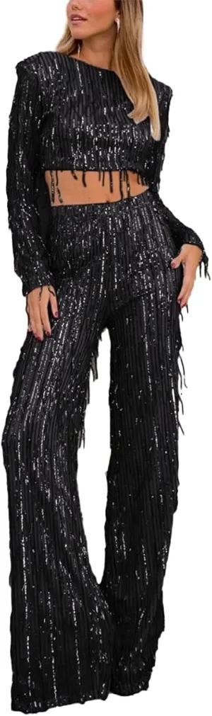 Sequin Two Piece Set for Women Long Sleeve Crop Top Sparkly Sequin Pants Party Fringe Sparkle Outfit
