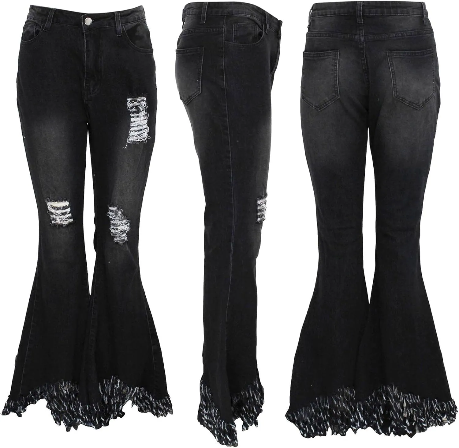 Sexyshine Women's Bell Bottom Jeans High Waisted Classic Retro Ripped Hole Denim Long Wide-Leg Flare Pants