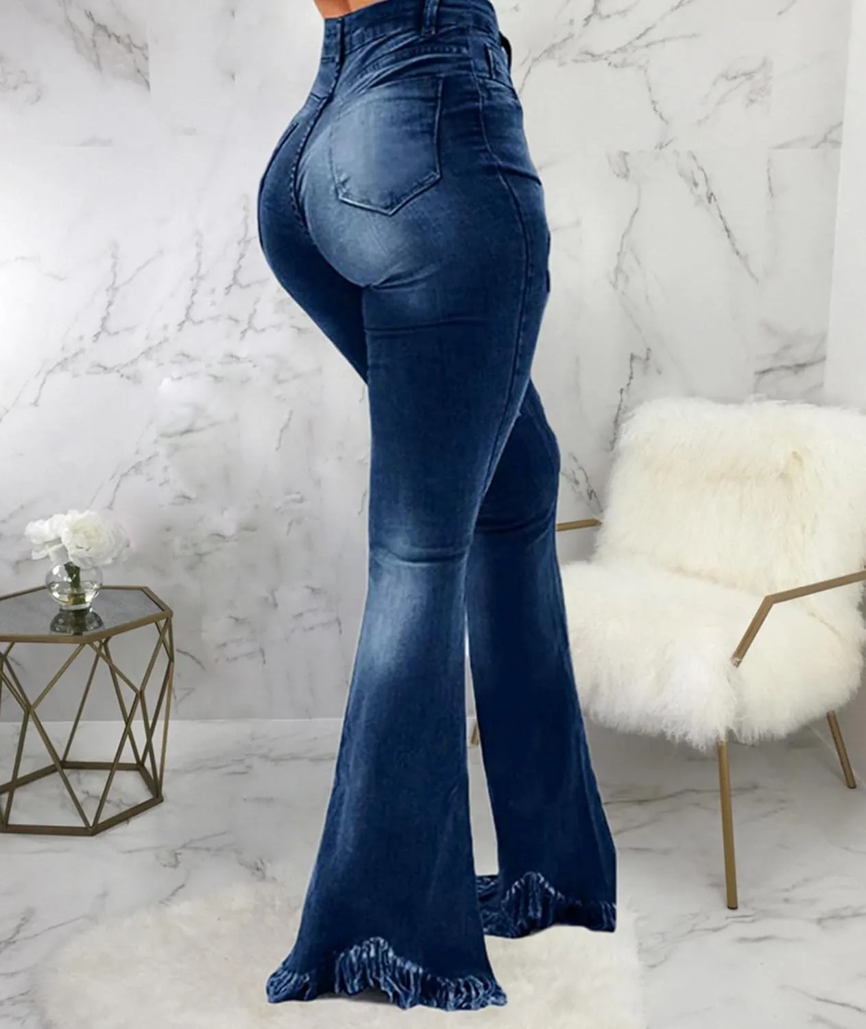 Sexyshine Women's Bell Bottom Jeans High Waisted Classic Retro Ripped Hole Denim Long Wide-Leg Flare Pants