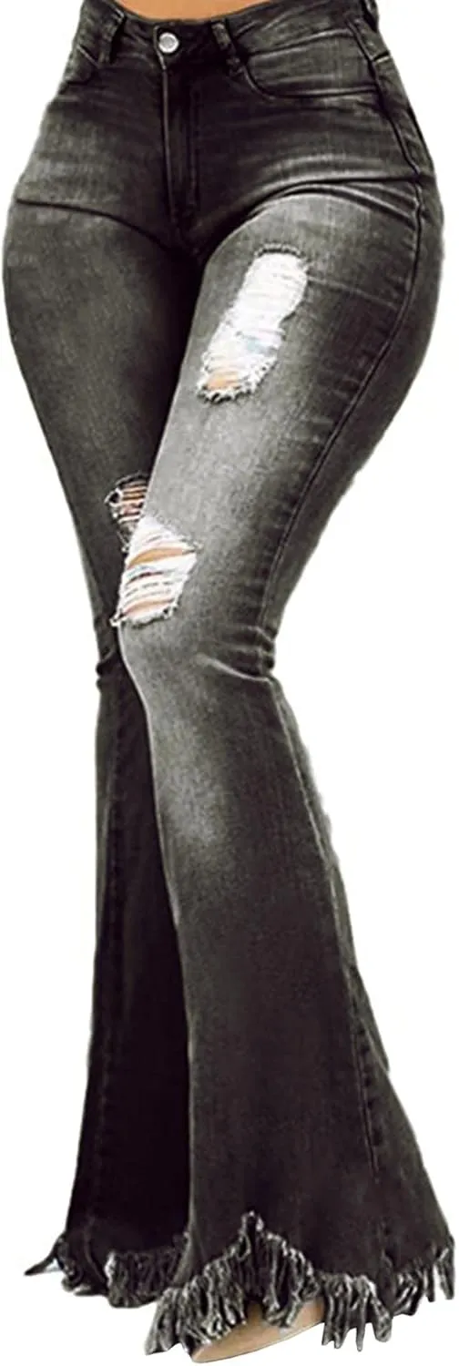 Sexyshine Women's Bell Bottom Jeans High Waisted Classic Retro Ripped Hole Denim Long Wide-Leg Flare Pants
