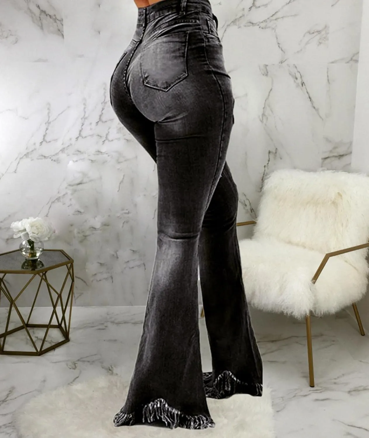 Sexyshine Women's Bell Bottom Jeans High Waisted Classic Retro Ripped Hole Denim Long Wide-Leg Flare Pants