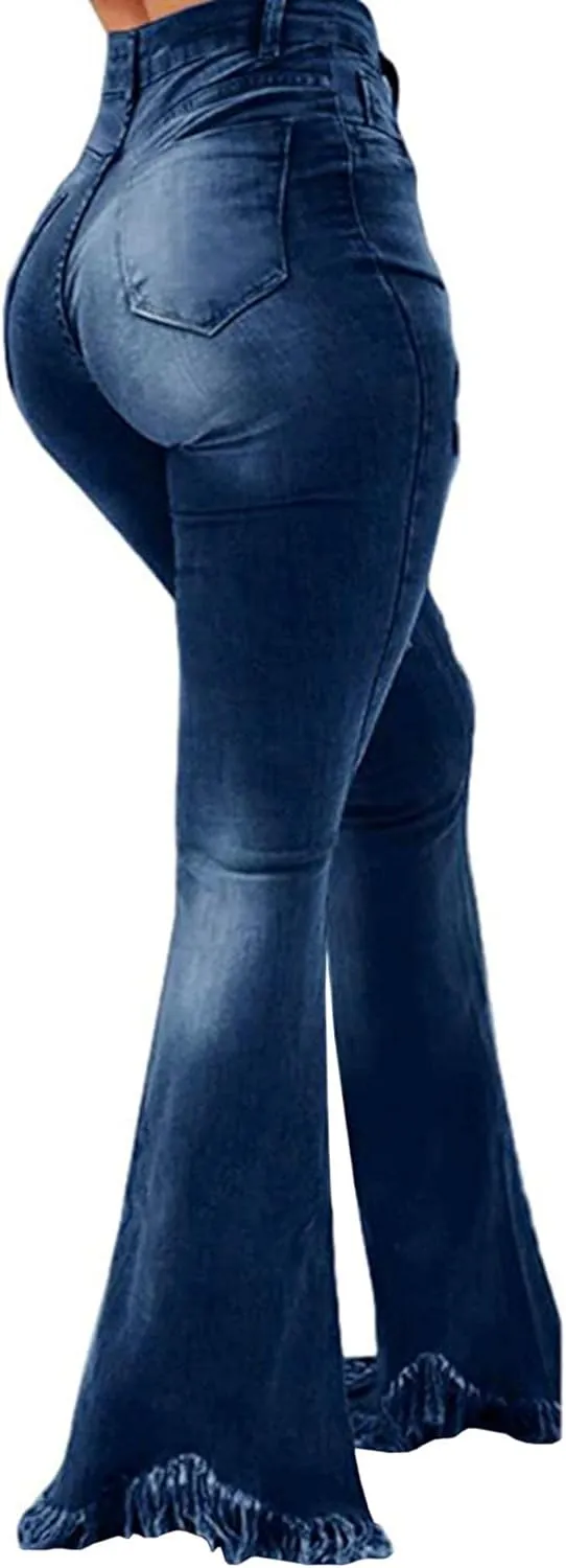 Sexyshine Women's Bell Bottom Jeans High Waisted Classic Retro Ripped Hole Denim Long Wide-Leg Flare Pants